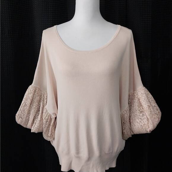 EXPRESS! ANTIQUE SHELL PINK KNIT TOP, BLOUSON BALLOON LACE SLEEVES! SZ XL - Picture 2 of 8